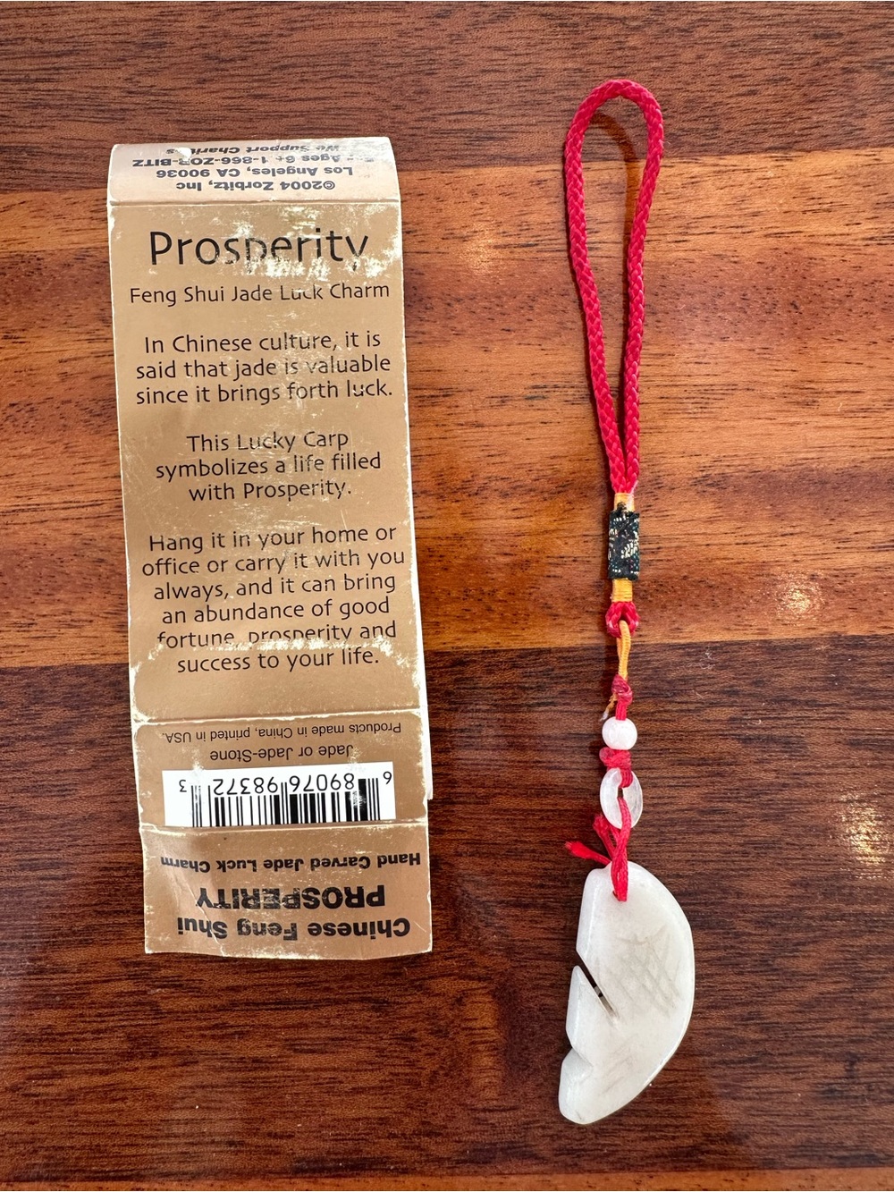Feng Shui Jade Luck Charm — White Jade fish Pendant with Red Cord